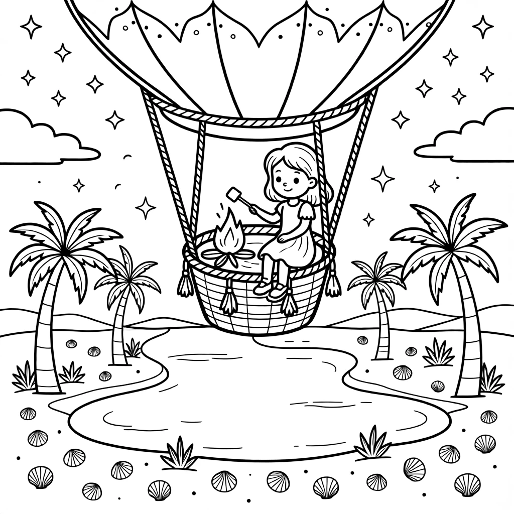 A girl riding in the basket of a hot air balloon is roasting marshmallows over a crackling campfire at a desert oasis ringed with palm trees. glittering seashells scattered on the sand and sparkling stars scattered across the sky fill the page with charm.