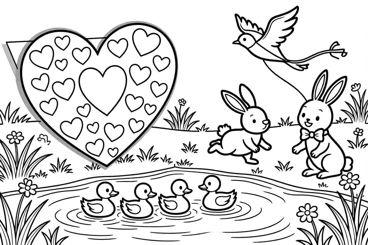 A handmade valentine card covered in hearts by a pond where ducklings paddle in a row, with a floppy-eared bunny playing close by amid a hopping bunny with a bow and a kite shaped like a bird.