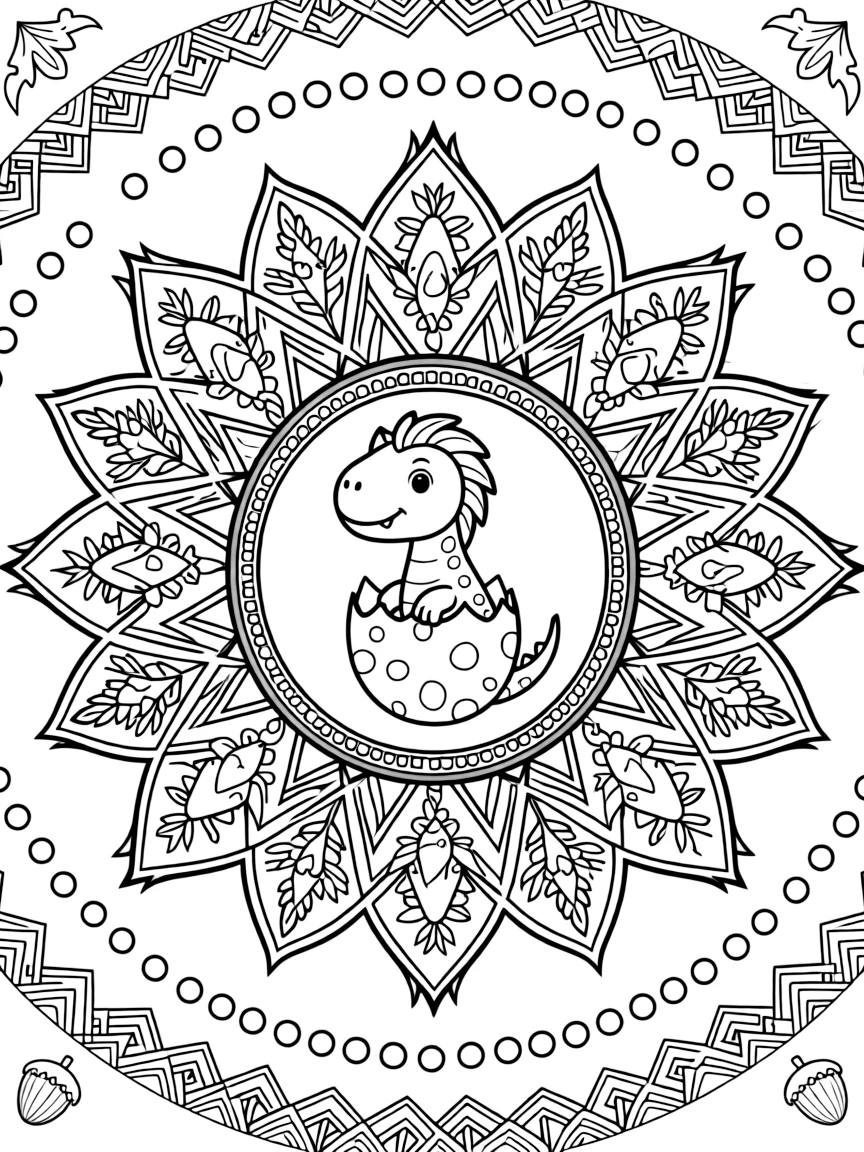 Dinosaurs & Prehistoric: The main subject is a baby dinosaur hatching from a speckled egg, drawn as the focal point of an oval medallion mandala framed by a double border. It is set at the core of the page, with the pattern unfolding outward in eight matching symmetrical segments. Decorative details fill the surrounding space, including a trail of evenly spaced dots, flame-shaped tips curling upward, and nested triangle shapes woven throughout the background. A playful extra touch completes the page: a handful of tiny acorns scattered near the bottom edge.