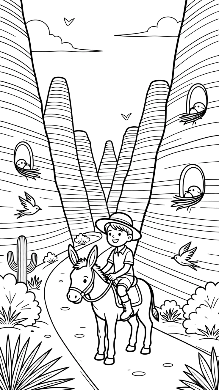 [Canyon Trails] A young explorer rides a friendly donkey along a winding trail deep within a red rock canyon. Swallows dart in and out of small holes in the canyon walls, building their nests. Ancient rock formations shaped like towers and arches rise from the canyon floor. Bright sunlight illuminates the striped canyon walls beneath a nearly cloudless sky.
