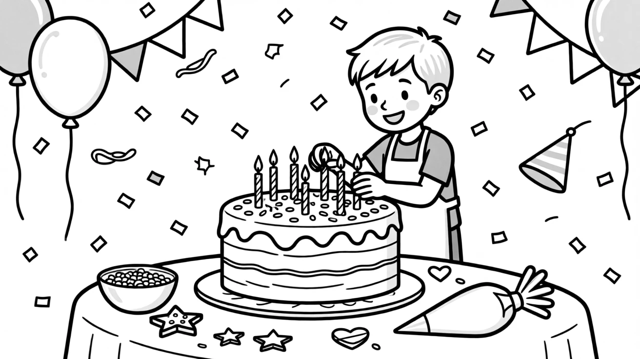 A birthday cake decorator adds sprinkles and candles to a colorful cake.