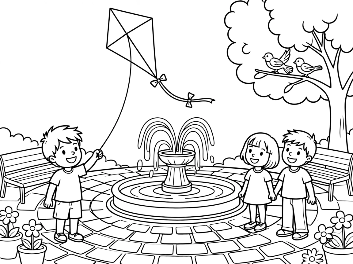 A small boy flying a kite with new friends at a town square fountain as birds chirp in a nearby tree.