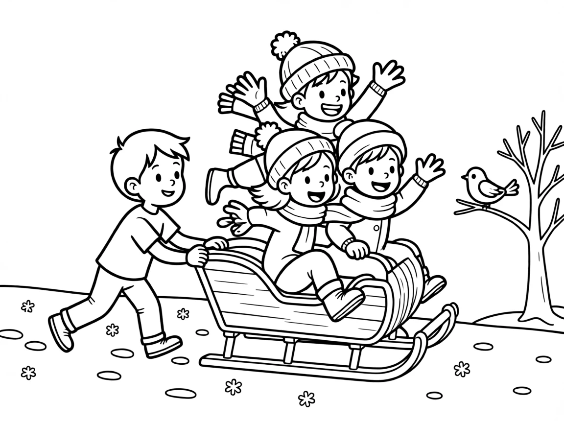 A shy new student, piling three friends onto one big sled for a fast group ride.