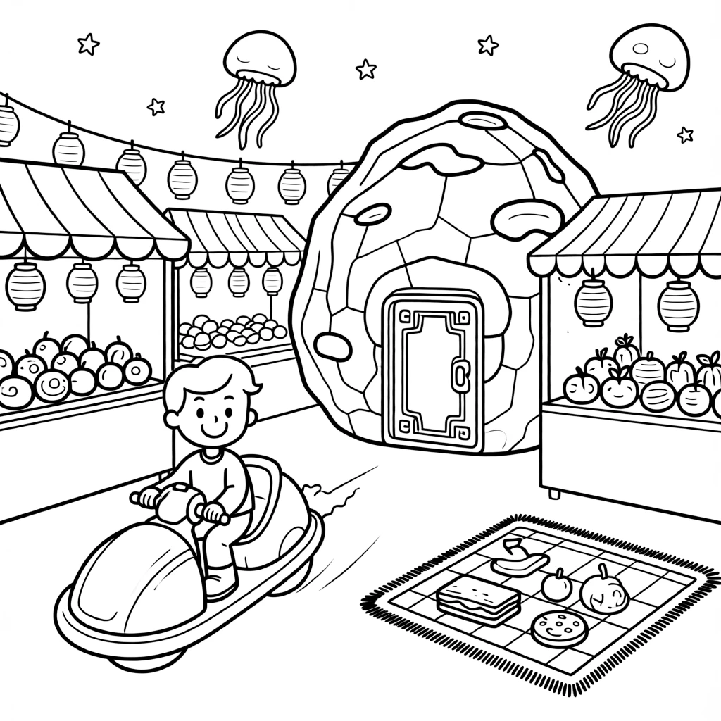 Pilot Meteor zooming along on a hoverbike discovering a hidden door inside an ancient asteroid in a night market lit by paper lanterns and glowing jellyfish, as a picnic blanket spread with snacks under the stars and a busy market stall selling glowing fruit fill the scene.