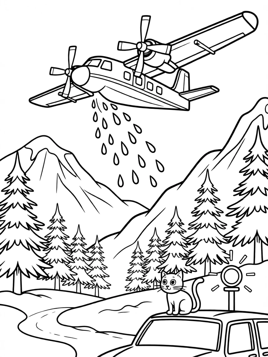 A wildfire fighting plane dropping a splash of water takes center stage in a snowy mountain pass with pine trees dusted in white, where a curious cat perched on the hood can be seen nearby, surrounded by a signal light blinking cheerfully.