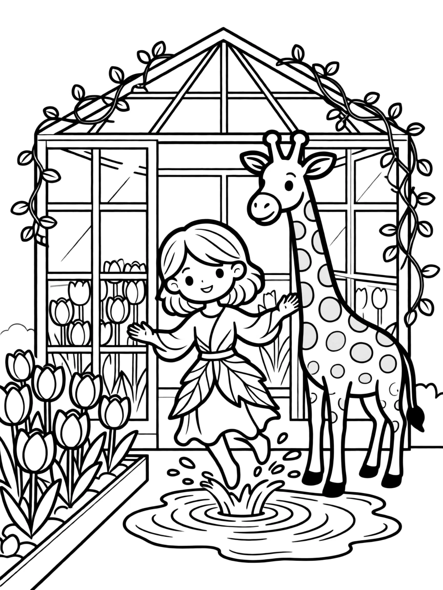 A gentle forest spirit in a greenhouse full of blooms, splashing happily in a puddle with a giraffe, next to a bed of tulips.