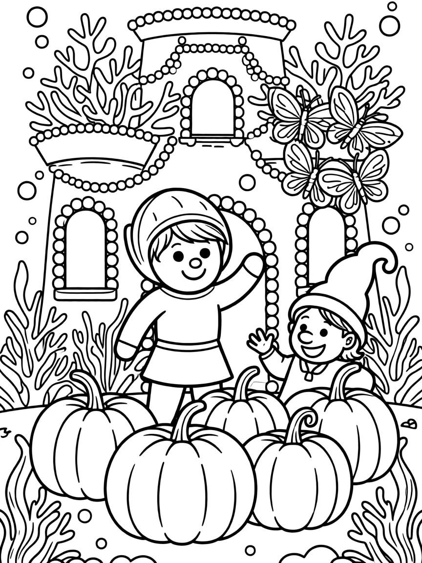 A bouncy gingerbread knight is gathering pumpkins for a harvest festival float in an underwater castle built from coral and pearls, joined by a garden gnome tipping his pointy hat and a rainbow of butterflies fluttering by. It's shaping up to be the happiest day in the whole kingdom.