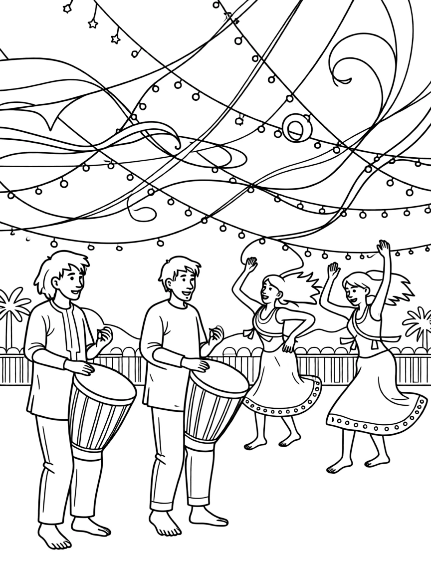 A coloring page of a lively performance in Senegal featuring drummers playing the sabar drum while dancers leap energetically, decorated with ribbons, streamers, and twinkling string lights overhead.