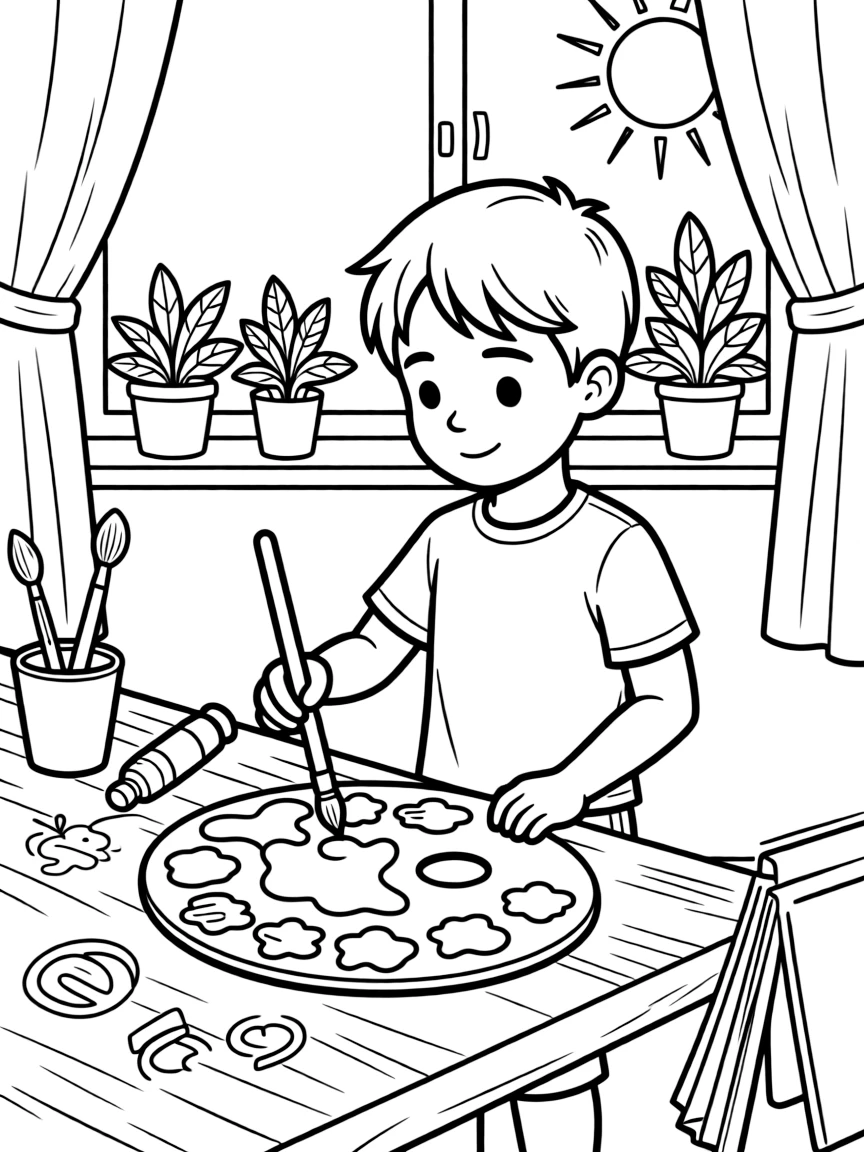 a determined small child mixes paint colors on a palette to discover a brand new shade.