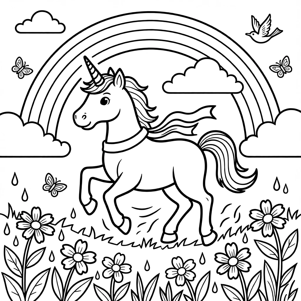 A young unicorn practices galloping through a rainbow that appears after a gentle spring rain.