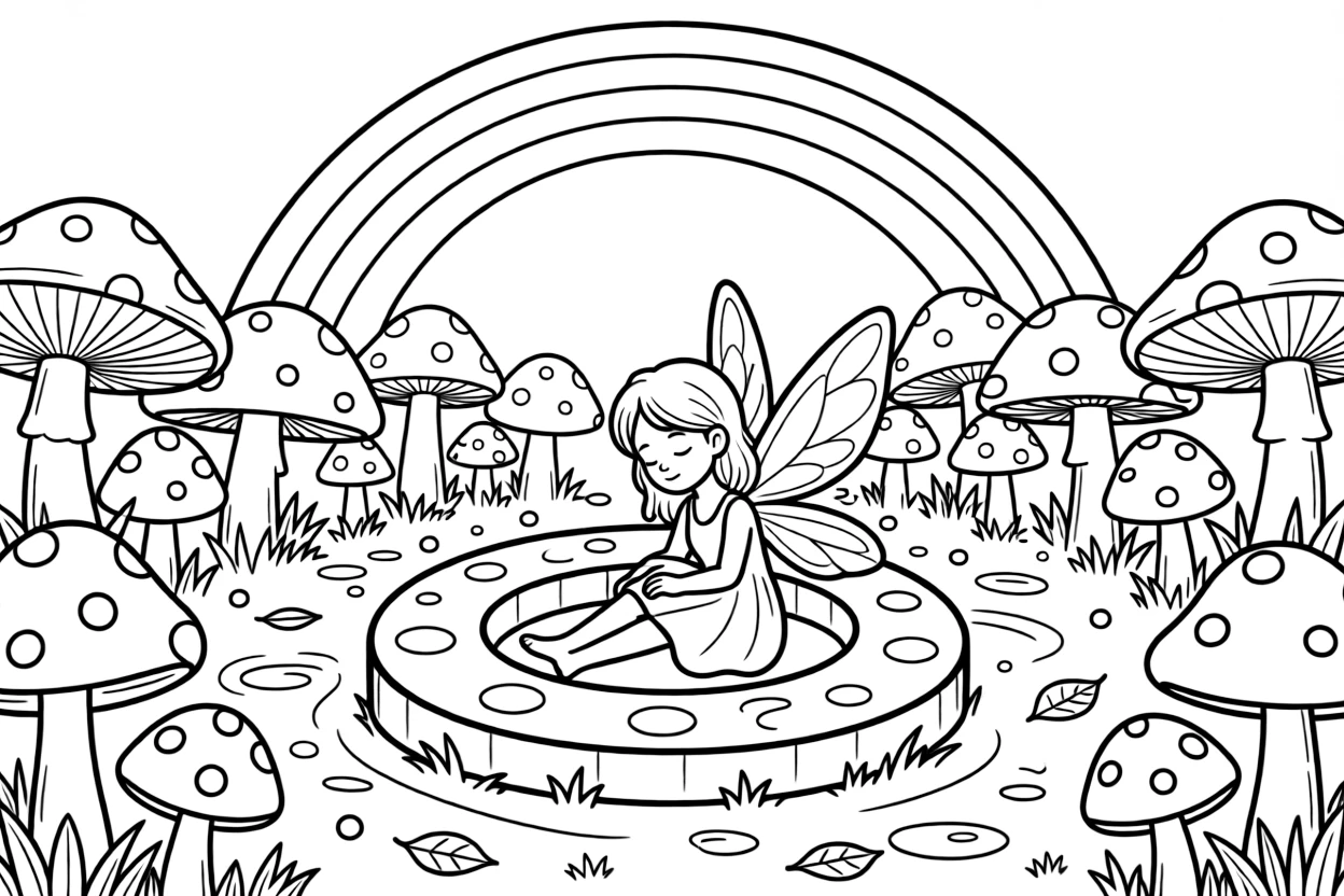 [Fantasy Creatures] a tiny woodland fairy resting beside a glowing mushroom ring within a glowing mushroom grove. In the background, mushrooms of every size dot the ground, adding extra fun to explore. Glowing light spots dot the forest floor. It all happens just after a rainstorm, with a rainbow arching overhead.