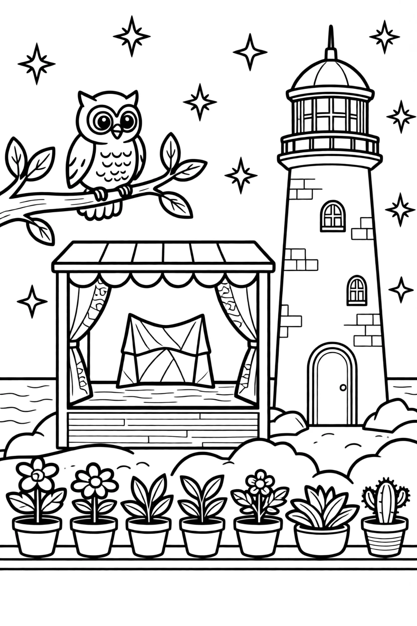 A wise little owl perched on a branch is putting on a puppet show behind a cardboard stage beside a lighthouse on a rocky coast. All around, a row of potted plants along a windowsill and sparkling stars scattered across the sky round out the happy picture.