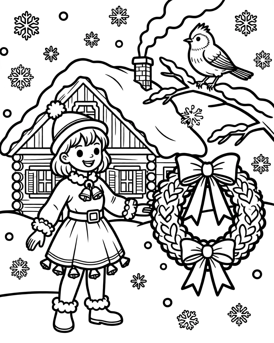 Bells jingling on a costumed reveler in a mountain chalet surrounded by drifting snowflakes, with a wreath tied with a red ribbon and a robin perched on a snowy branch nearby.