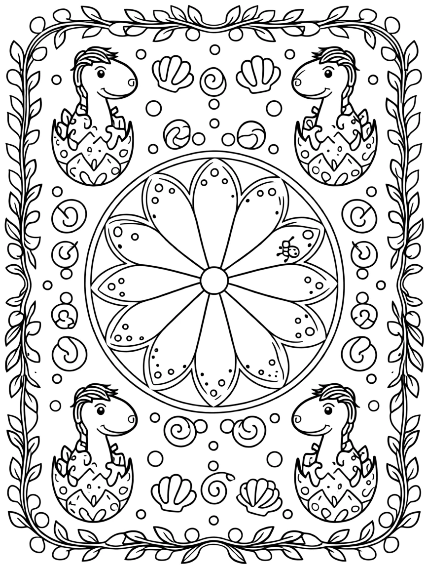 Dinosaurs & Prehistoric: The page centers on a repeating motif of a baby dinosaur hatching from a speckled egg, built around a wheel-spoke mandala radiating from a round hub. The motif is placed at each of the four corners in matching pairs, connected by a looping border pattern around the edge. Decorative details fill the surrounding space, including clusters of round bubbles, twisting berry-vine garlands, and overlapping scalloped shells woven throughout the background. A playful extra touch completes the page: a tiny ladybug tucked among the details, easy to spot once found.