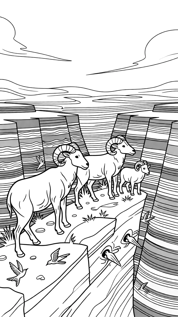 [Canyon Trails] A family of bighorn sheep climbs confidently along a narrow ledge above the canyon floor. Swallows dart in and out of small holes in the canyon walls, building their nests. Layers of red, orange, and gold rock rise in dramatic stripes along the canyon walls. A warm breeze drifts through the canyon beneath a wide, clear blue sky.
