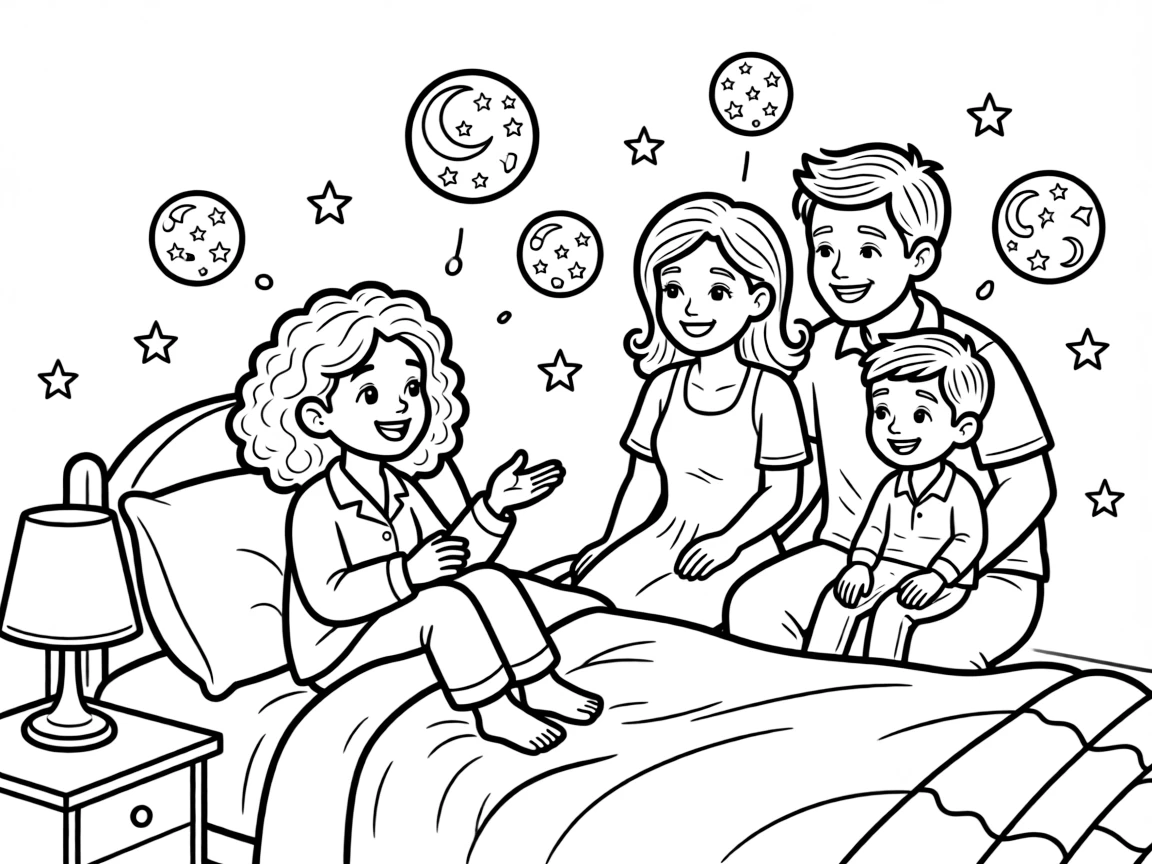 A curly-haired girl listening to a bedtime story with a blended family as soap bubbles float upward.