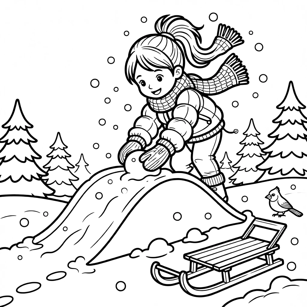 An energetic girl with a big smile, building a snow jump at the bottom of a sledding hill for extra air.