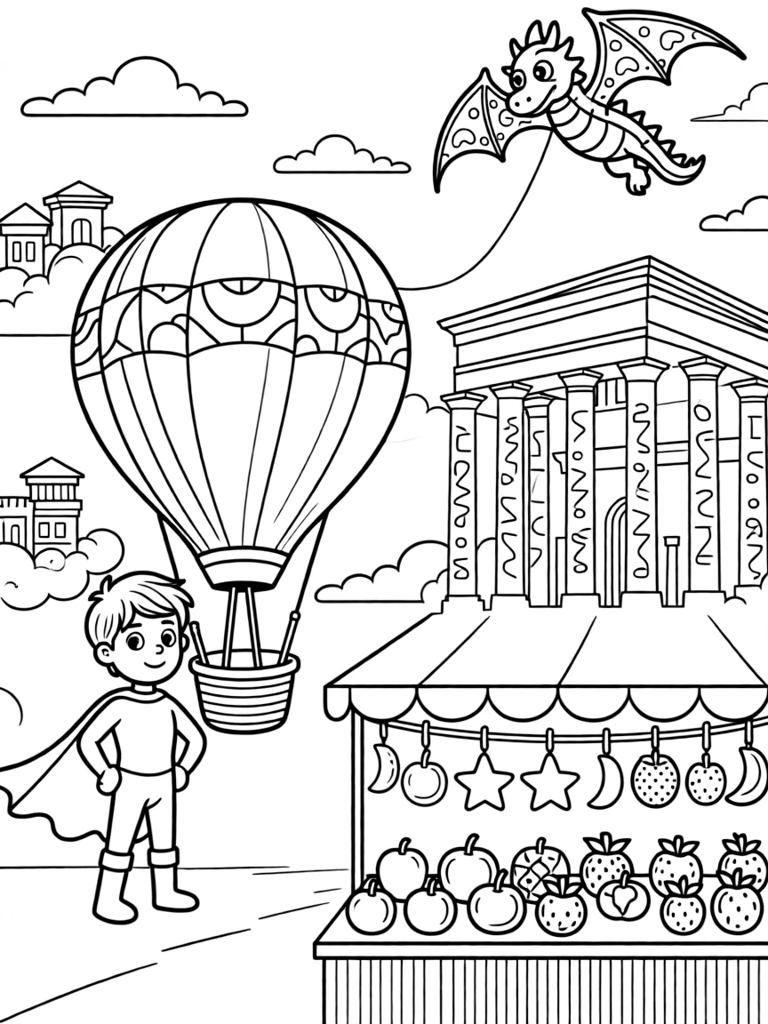 Professor Marbles, a daring crystal-powered superhero kid guiding a hot-air balloon race between floating cloud cities near an ancient alien temple covered in glowing runes, surrounded by a busy market stall selling glowing fruit and a kite shaped like a friendly dragon flying overhead.