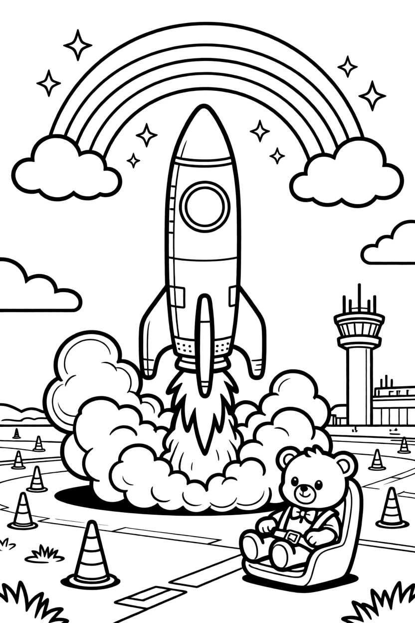 The scene captures a towering rocket ship blasting off in a cloud of fire in the middle of a busy airport runway with a control tower in the distance, with a teddy bear buckled safely into the passenger seat nearby and a rainbow arching across the sky sprinkled around for extra fun.
