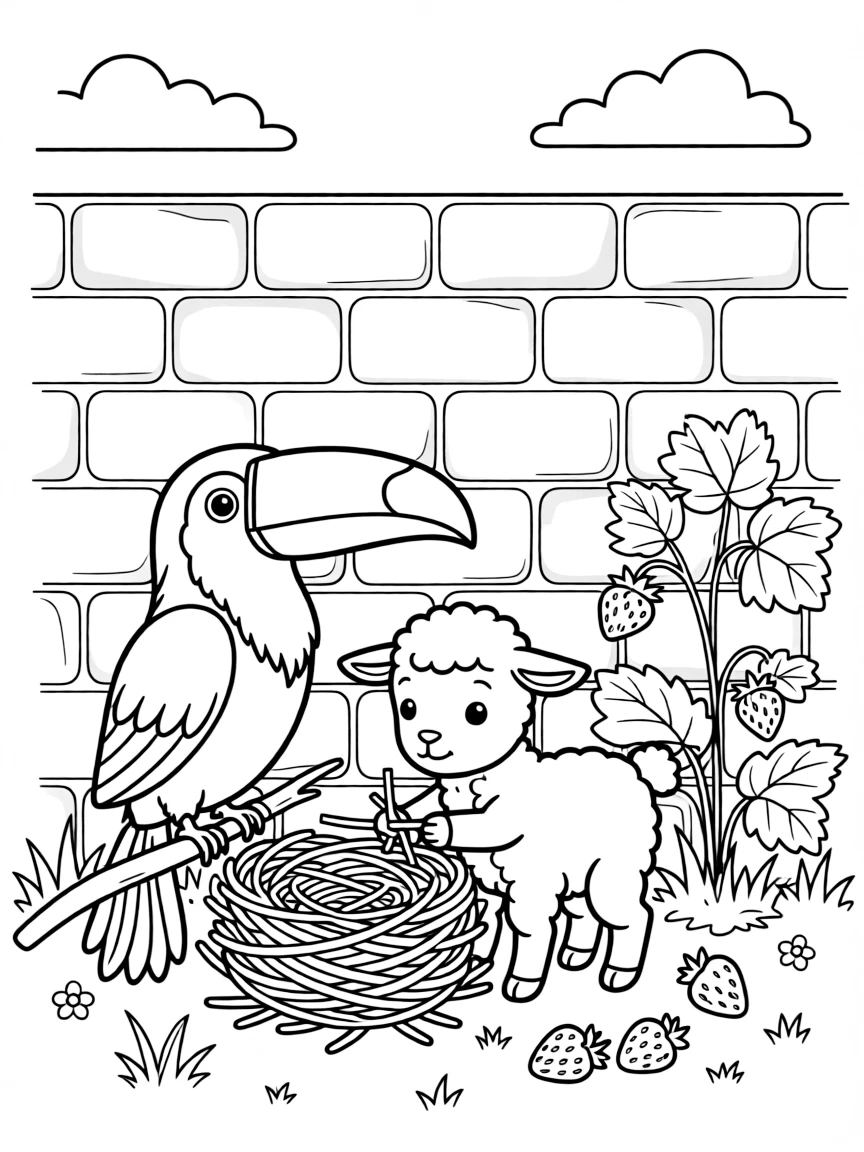 A toucan in a secret garden behind a stone wall, building a tiny nest together with a lamb, next to a patch of wild strawberries, with ripe berries scattered on the ground.