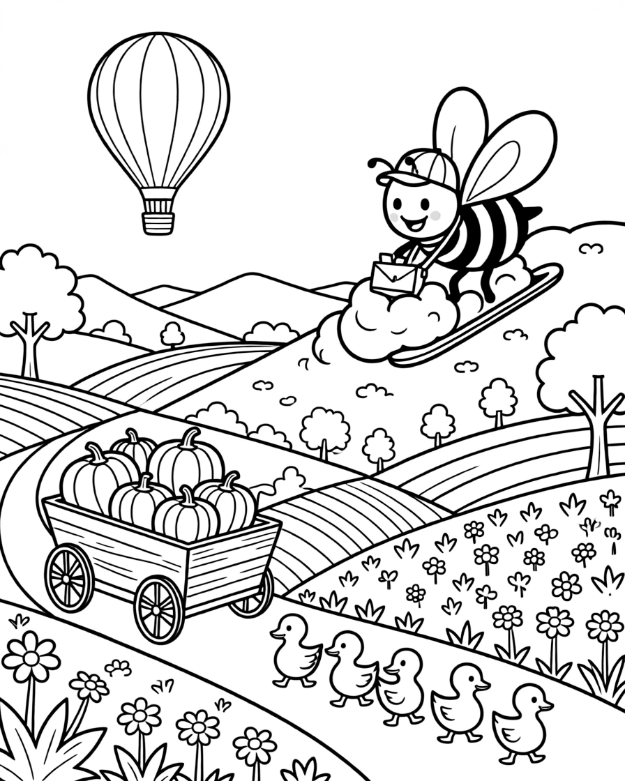On a hot air balloon ride over a patchwork valley, a bold bumblebee mail carrier is busy sledding down a mountain made of marshmallows, cheered on by a wagon overflowing with glowing pumpkins and a family of ducklings waddling in a neat line. It feels like the best day ever for everyone involved.