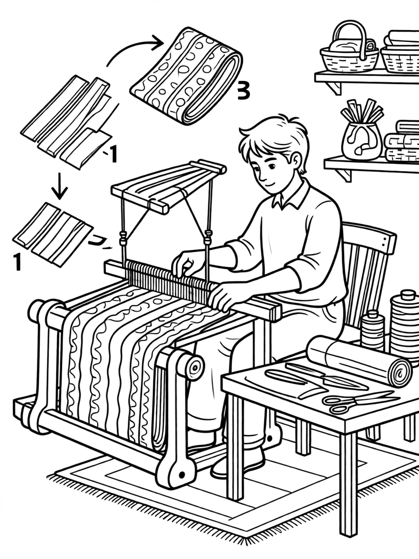 A coloring page of a craftsman weaving colorful strips of cloth on a narrow loom in Senegal, shown step by step with helpful hands and a workshop table full of materials.