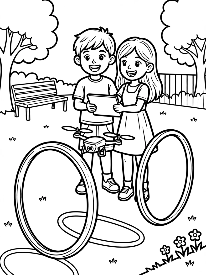 a bright-eyed pair of best friends guides a small drone through hoops in the schoolyard using a tablet.