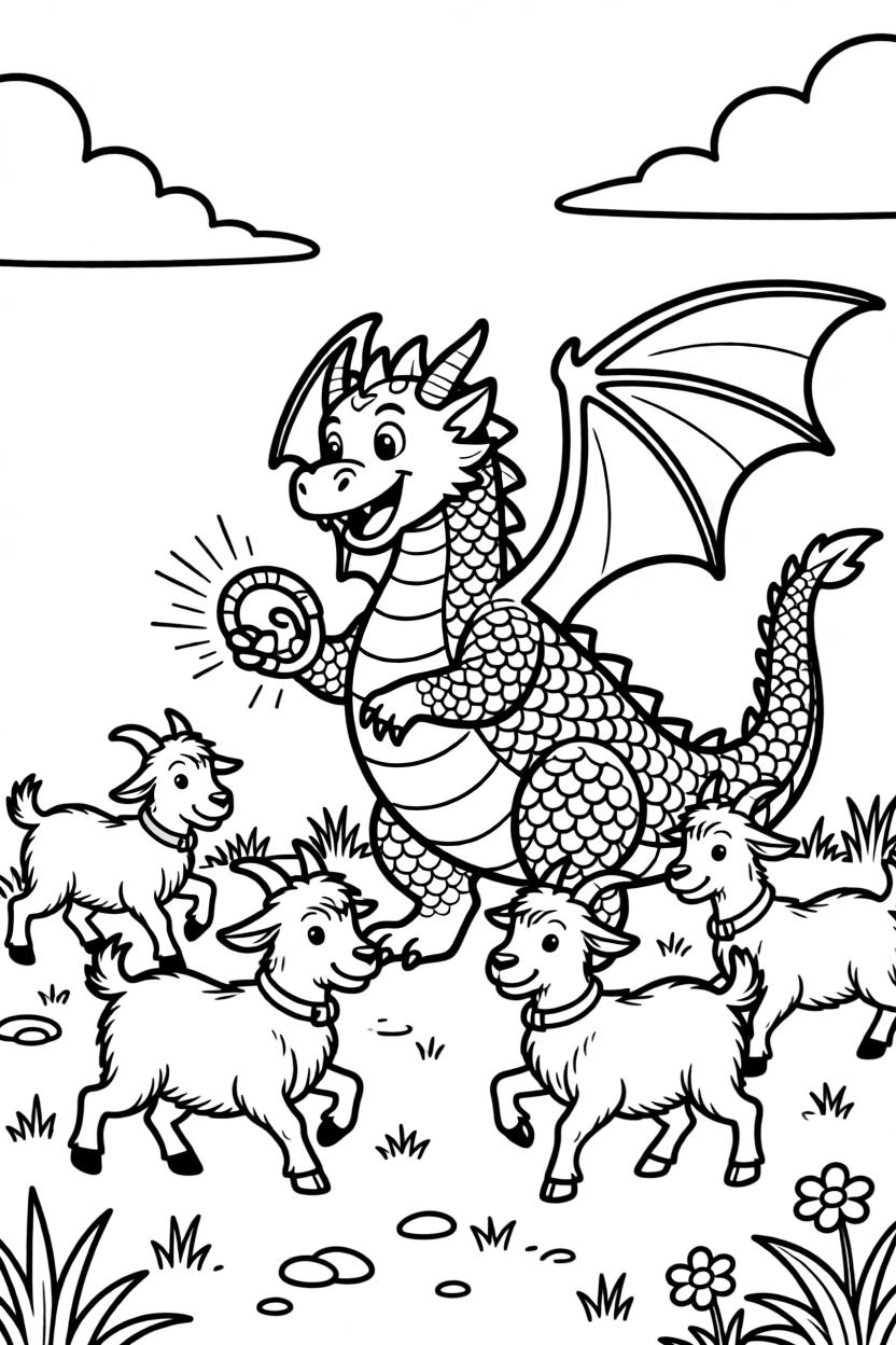 A dragon's scales change color with its mood, glowing warm orange when happy as it plays fetch with a herd of goats.