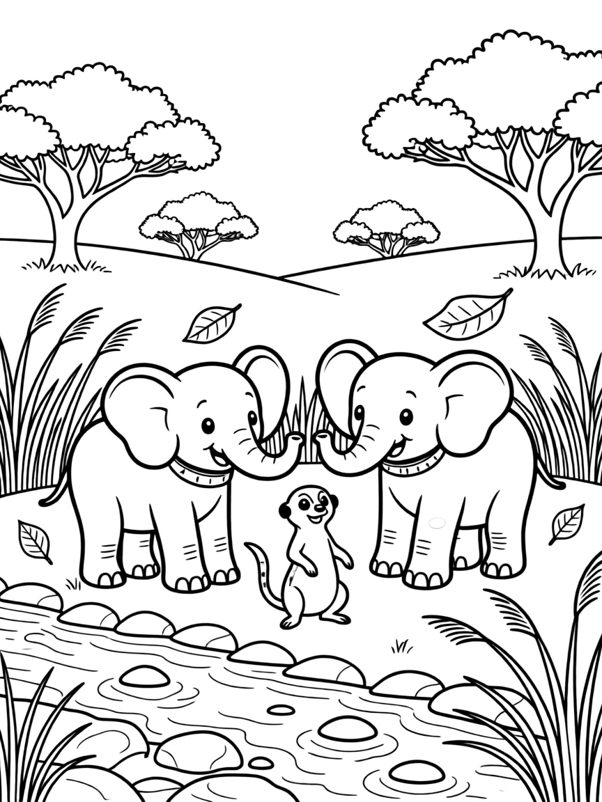 [Wild Animals] a playful pair of elephant calves playing with another animal friend beside a rocky mountain stream. In the background, tall grass sways gently in the wind, adding extra fun to explore. Acacia trees dot the wide open landscape. It all happens at sunset, with autumn leaves swirling in the wind.