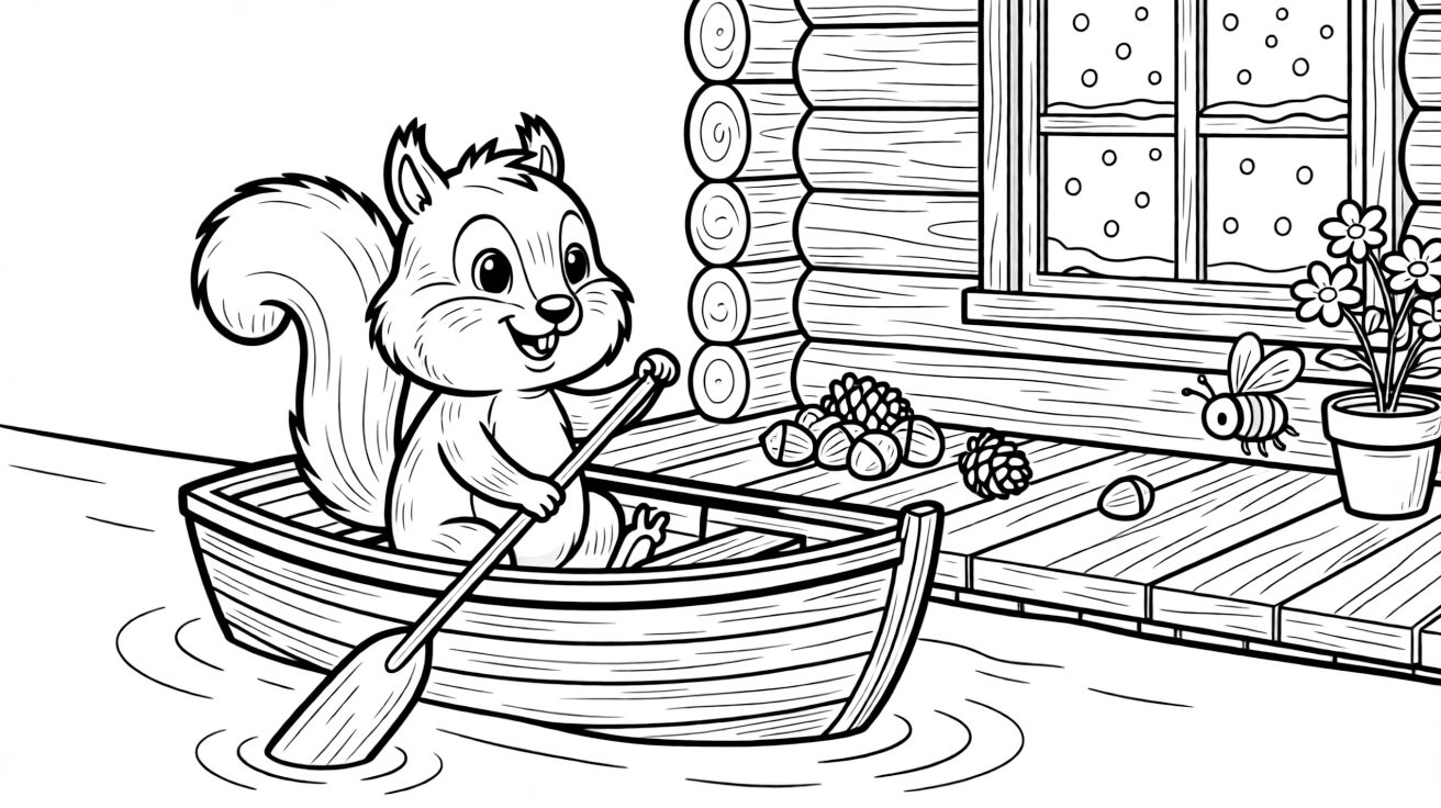 A chipmunk with cheeks full of acorns is rowing a little wooden boat across calm water inside a cozy log cabin during a gentle snowstorm. Close by, a cluster of acorns and pinecones scattered about and a curious bumblebee buzzing among the blooms bring the scene to life.