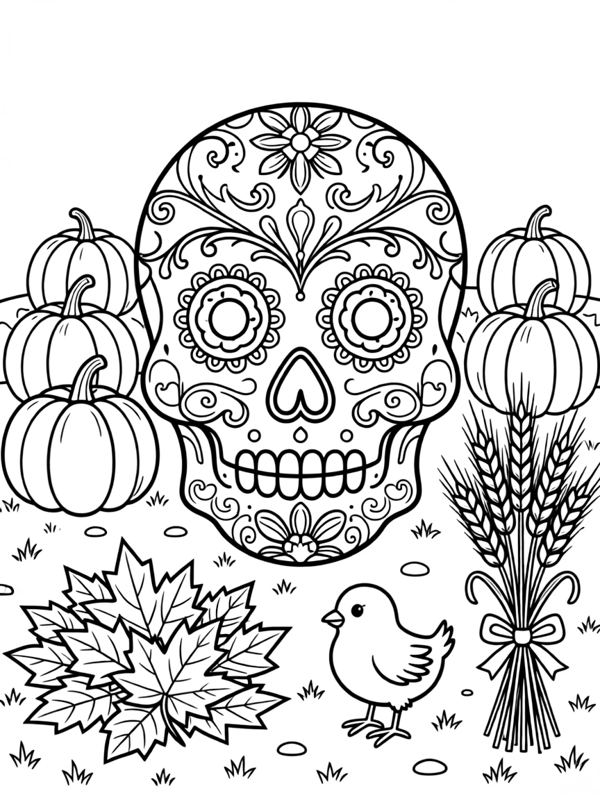 A decorated sugar skull with colorful patterns on a farm surrounded by rows of golden pumpkins, while a tiny chick looks on nearby, a pile of crunchy leaves ready for jumping and a bundle of golden wheat stalks completing the scene.