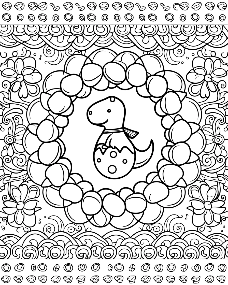 Dinosaurs & Prehistoric: The page presents a small themed scene built around a baby dinosaur hatching from a speckled egg, tied together by a cloud-ring mandala made of puffy overlapping curves. The scene is placed centrally within a scene bordered top and bottom by mirrored rows of smaller matching details. Decorative details fill the surrounding space, including layered flower rosettes, swirling vine tendrils, and rows of curling wave shapes woven throughout the background. A playful extra touch completes the page: a few tiny musical notes drifting near one corner of the page.
