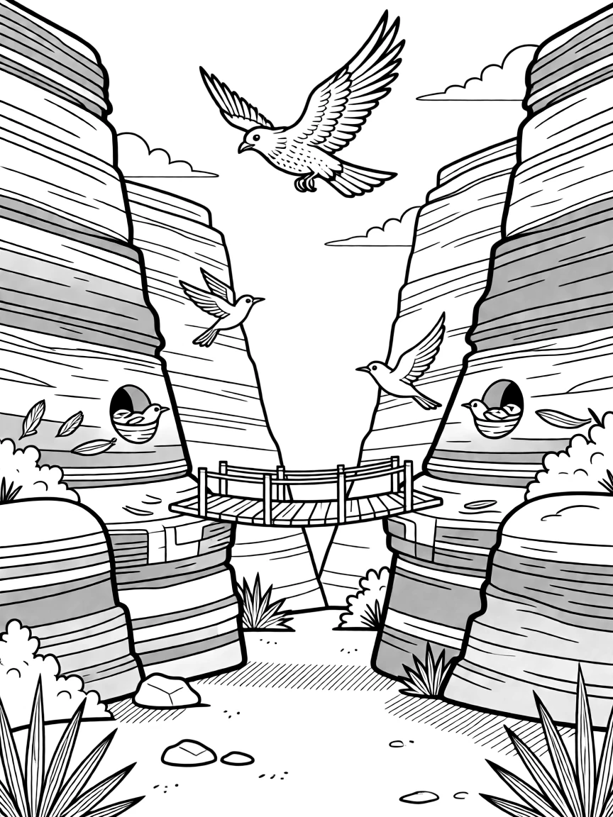 [Canyon Trails] A hawk circles high above a deep canyon carved with layers of orange and red rock. Swallows dart in and out of small holes in the canyon walls, building their nests. A narrow wooden bridge crosses a rocky gap between two towering canyon walls. Soft evening shadows stretch across the canyon floor as birds return to their nests.