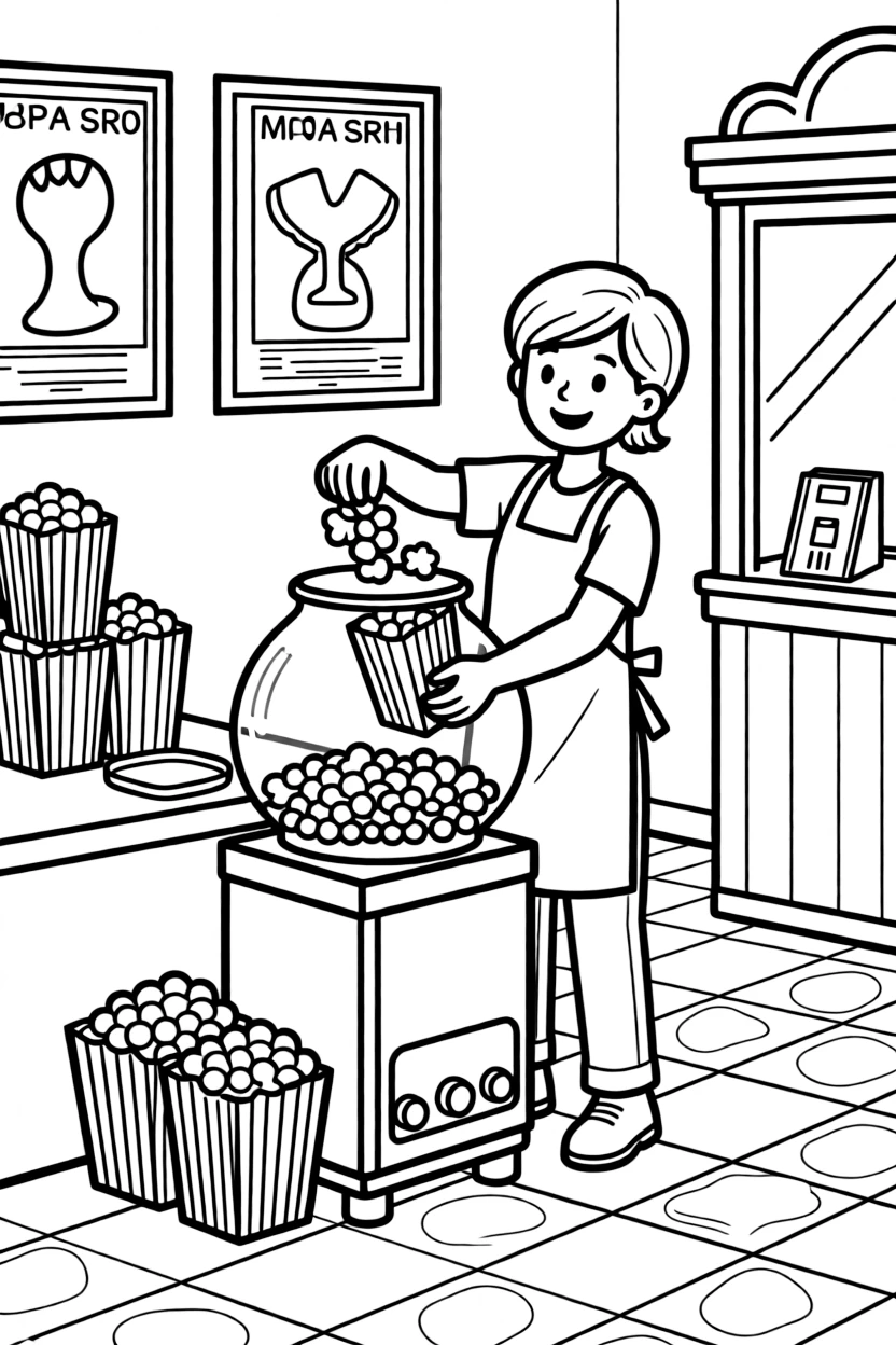 A popcorn vendor scoops buttery popcorn into striped bags at a movie theater.