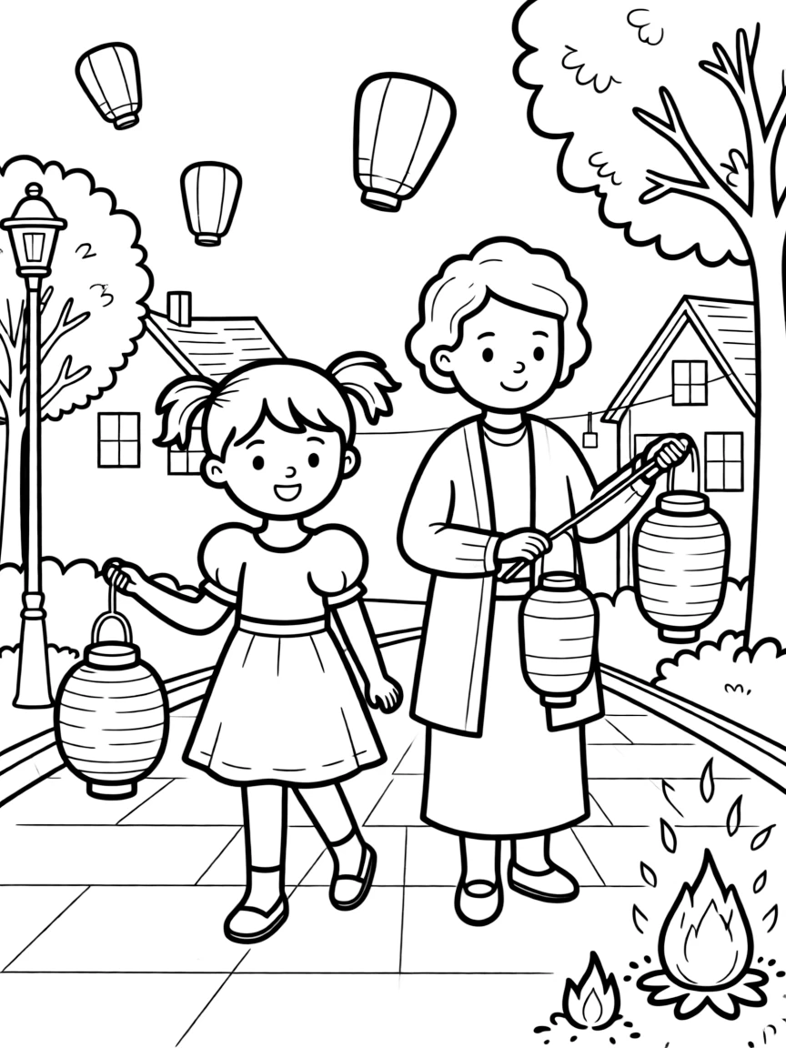 A girl in pigtails carrying a lantern in a nighttime parade during a neighborhood bonfire night with a great-grandmother with paper lanterns swaying gently.