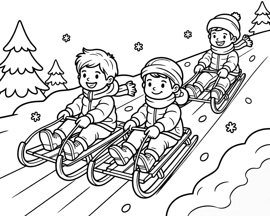 A pair of twin siblings, racing a friend on twin sleds down parallel tracks in the snow.