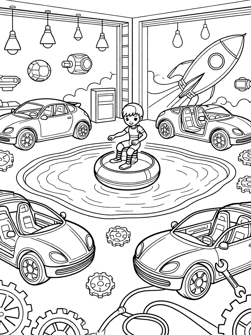 In a workshop garage filled with half-finished hovercars, Korr, an alien athlete with spring-coiled legs riding a bubble-shaped pod across a lake of liquid light, while a mural of a rocket ship painted on a nearby wall adds to the excitement.