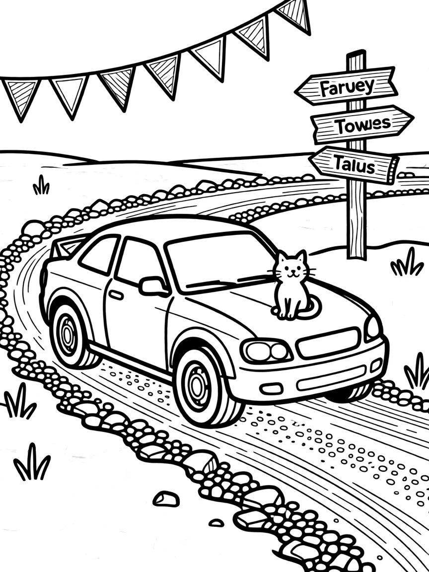 This page centers on a rally car drifting sideways around a gravel corner exploring an icy arctic field with drifting chunks of blue-white ice, featuring a curious cat perched on the hood and little extras like a string of triangle pennant flags overhead and an old wooden signpost pointing to faraway towns.