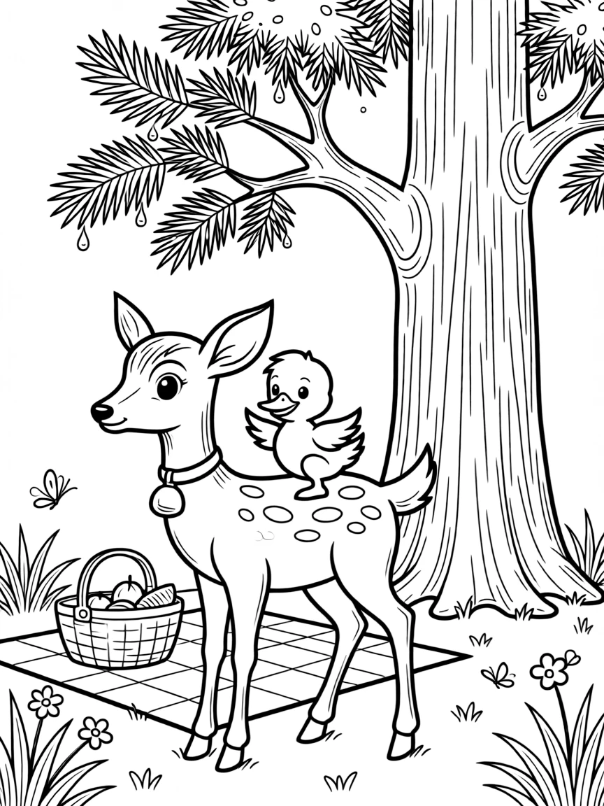 A duckling riding on the back of a deer fawn at a picnic in the park, near a giant redwood tree, as dewdrops sparkle on the leaves.