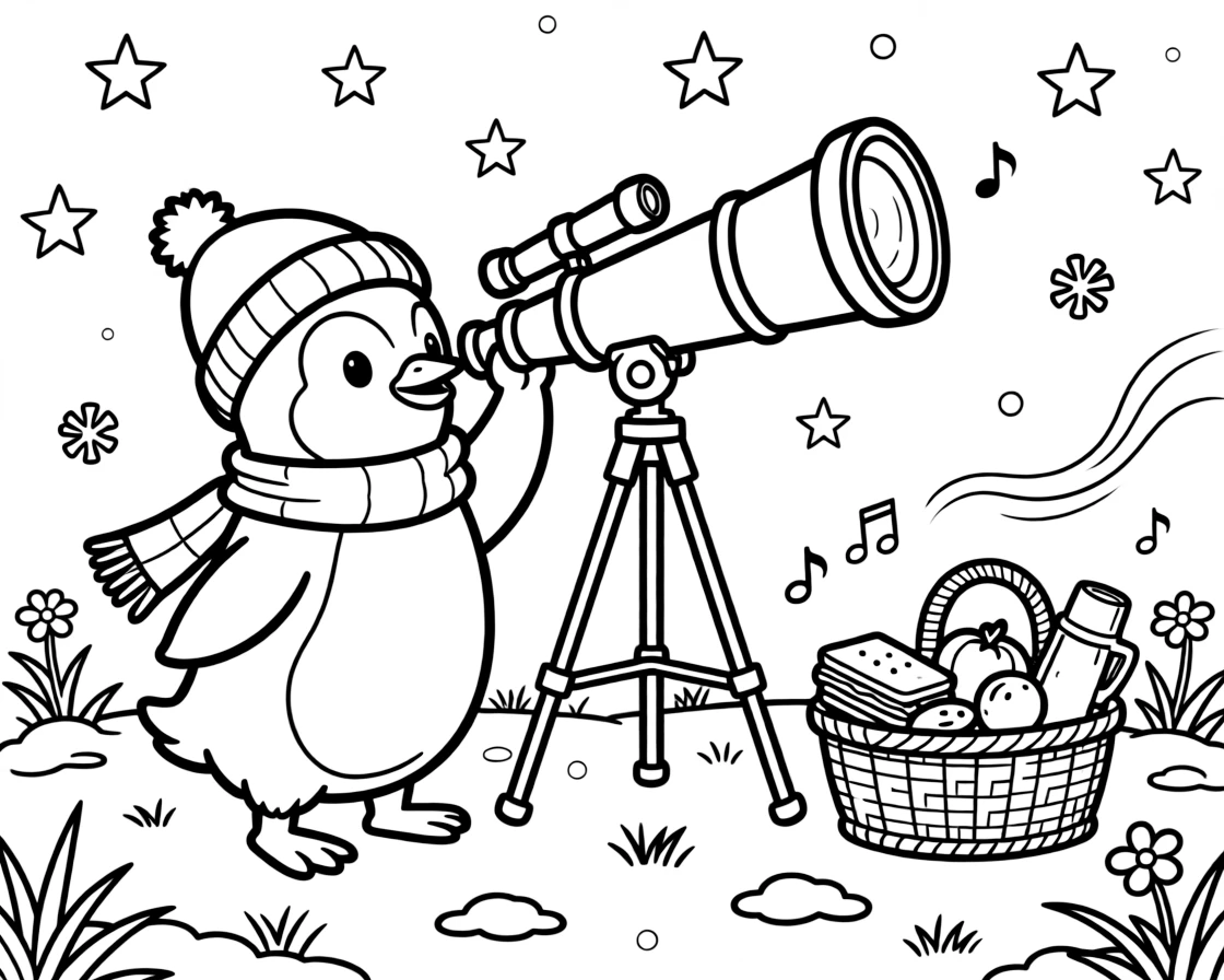 Plucky and full of excitement, a penguin explorer spends the day stargazing through a giant telescope in a meadow during the first snowfall of winter. Nearby, a picnic basket overflowing with treats adds to the fun. A gentle breeze carries the sound of joyful laughter.
