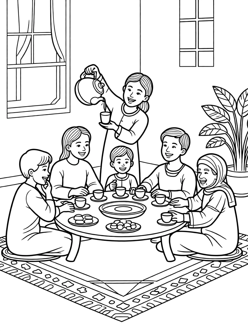A coloring page of a heartwarming family scene in Senegal showing a family gathering for a lively tea ceremony poured from high above the glass, with everyone smiling and working together happily.
