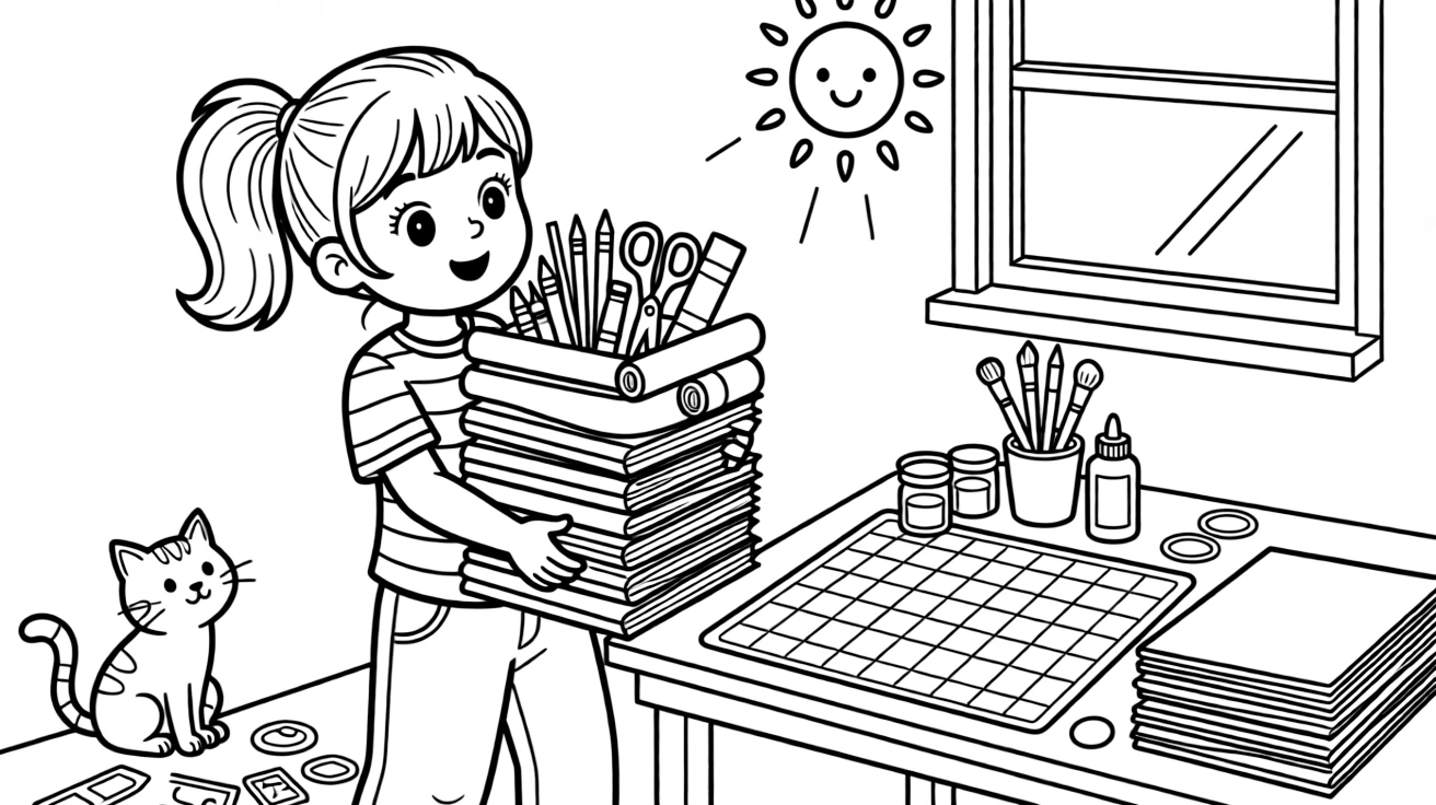 a wide-eyed young girl carries a stack of art supplies to a table for craft time.