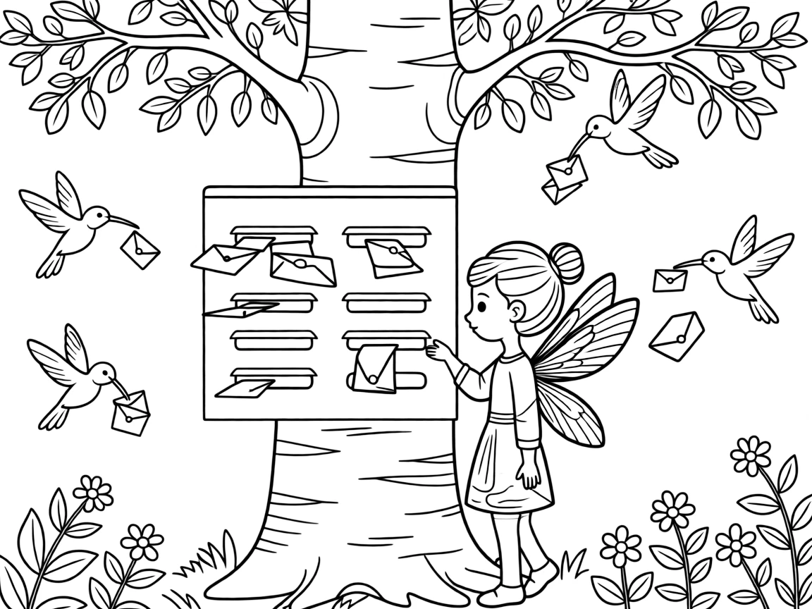 A fairy postmaster sorts tiny letters delivered by trained hummingbirds into pigeonholes carved from a birch tree trunk.
