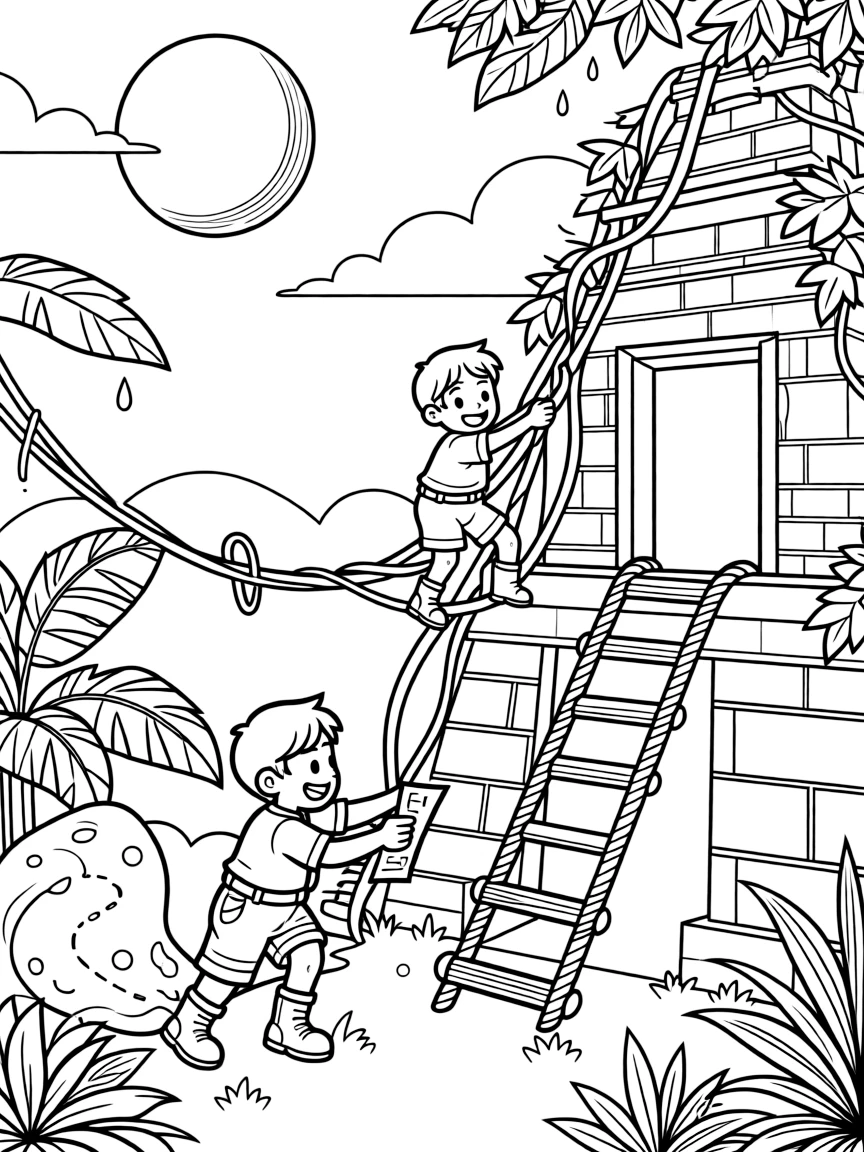 [Treasure Hunts] A dynamic scene shows a treasure-hunting duo studying an old map climbing over vines to reach a lost ruin deep inside a jungle temple, laughing joyfully. Close by, an old map with a dotted trail lies unrolled. A rope ladder dangles into the depths below. The moment unfolds under a full moon, with a light drizzle just ending, filled with energetic detail perfect for a young colorist.