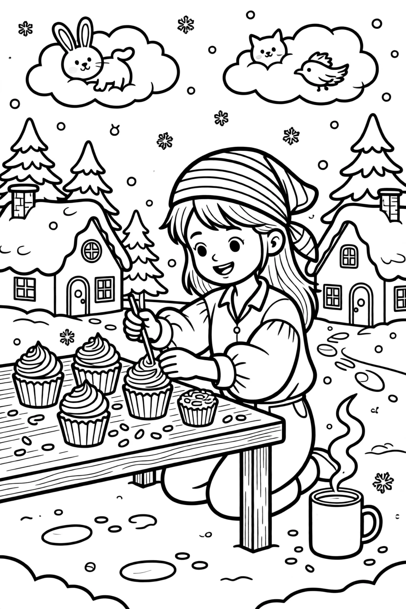 A girl pirate captain with a striped bandana is decorating cupcakes with sprinkles and swirls of frosting in a snow-covered winter village. Nearby, fluffy clouds shaped like little animals and a curling wisp of steam from a warm mug bring the scene to life.