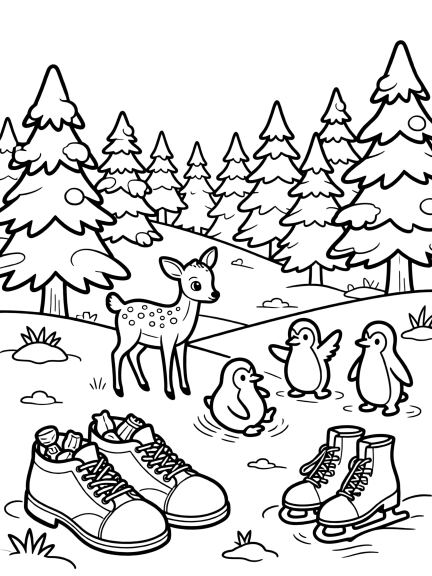 A wide view on a hillside dotted with snow-frosted evergreens, featuring a pair of shoes filled with small treats, a spotted fawn, and a trio of playful penguins, with a pair of ice skates nearby.