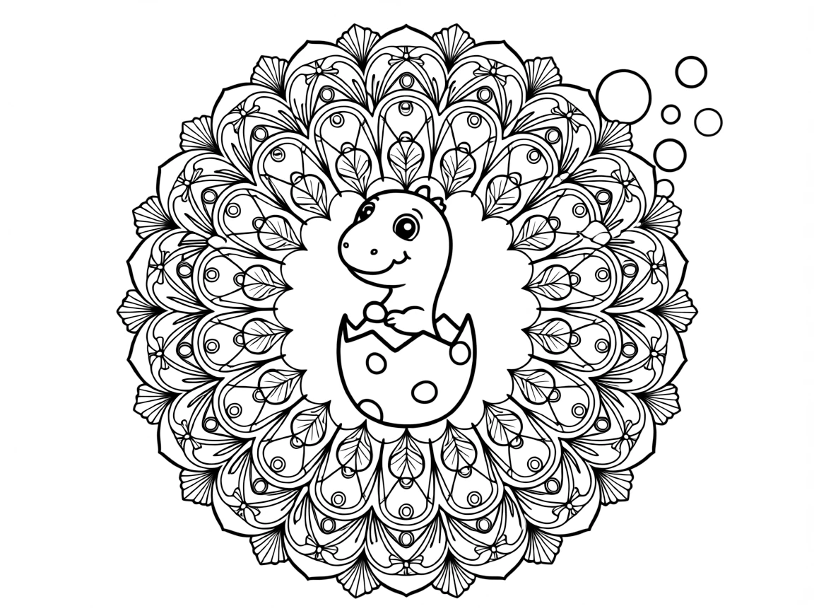 Dinosaurs & Prehistoric: The design turns a baby dinosaur hatching from a speckled egg into a kaleidoscope-style composition anchored by a layered rosette mandala with overlapping round petals. The imagery is broken into repeating fragments that spin outward from the center in a kaleidoscope-style circle of matching wedges. Decorative details fill the surrounding space, including loops shaped like small bows, tightly coiled spiral shells, and fan-shaped feather clusters woven throughout the background. A playful extra touch completes the page: a cluster of small bubbles rising near one side of the page.