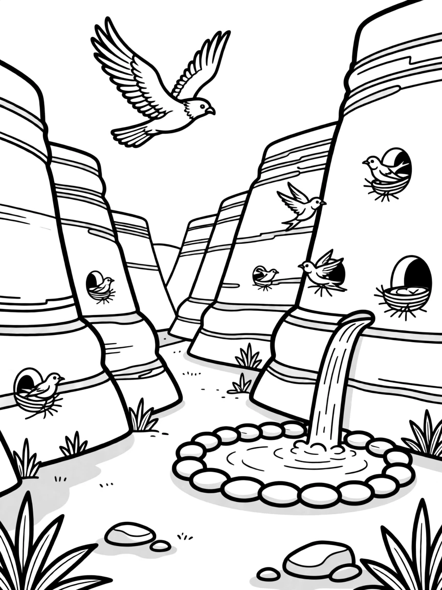 [Canyon Trails] A hawk circles high above a deep canyon carved with layers of orange and red rock. Swallows dart in and out of small holes in the canyon walls, building their nests. A small waterfall trickles down the canyon wall into a pool ringed with smooth stones. Soft evening shadows stretch across the canyon floor as birds return to their nests.