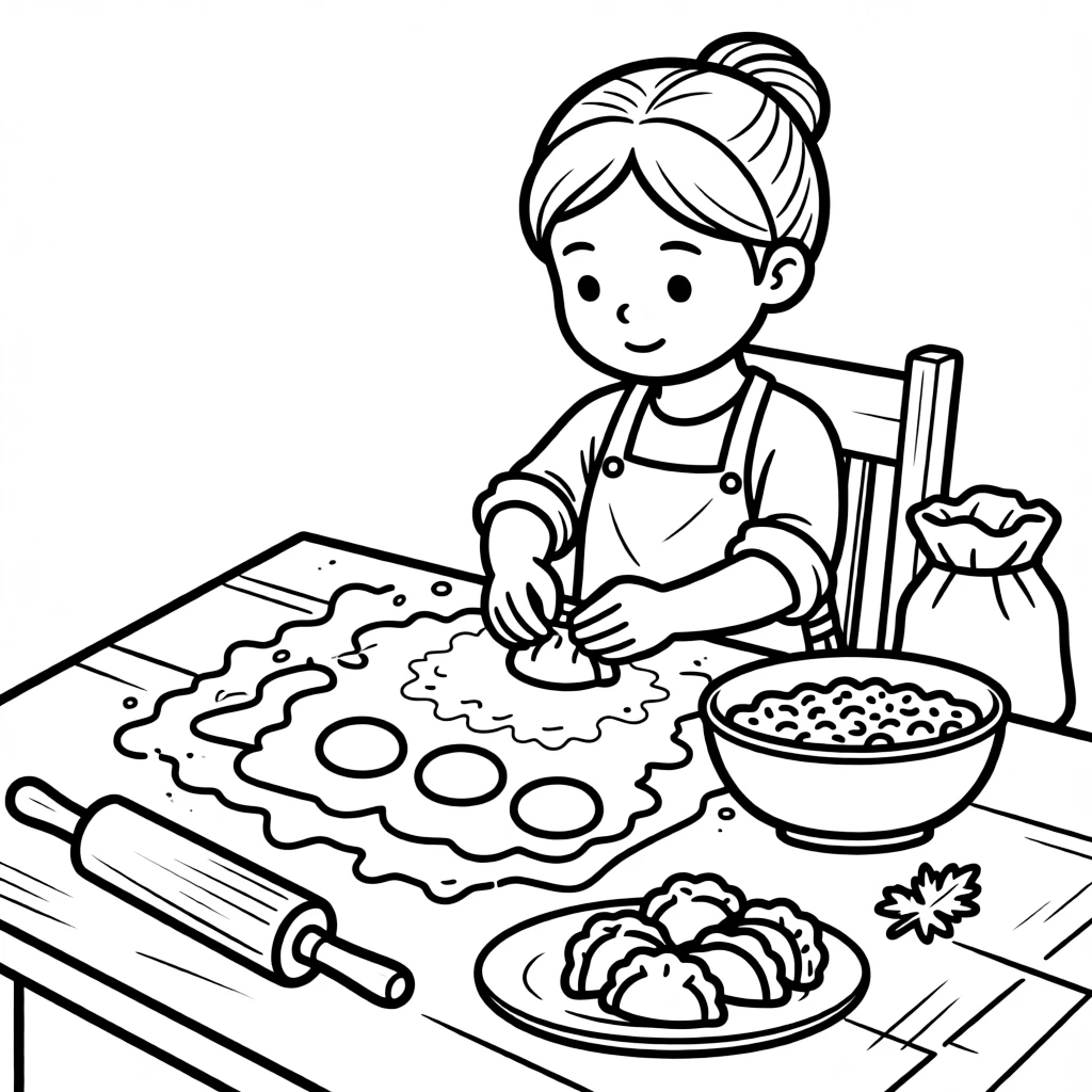 A dumpling maker folds tiny dumplings at a table covered in flour.