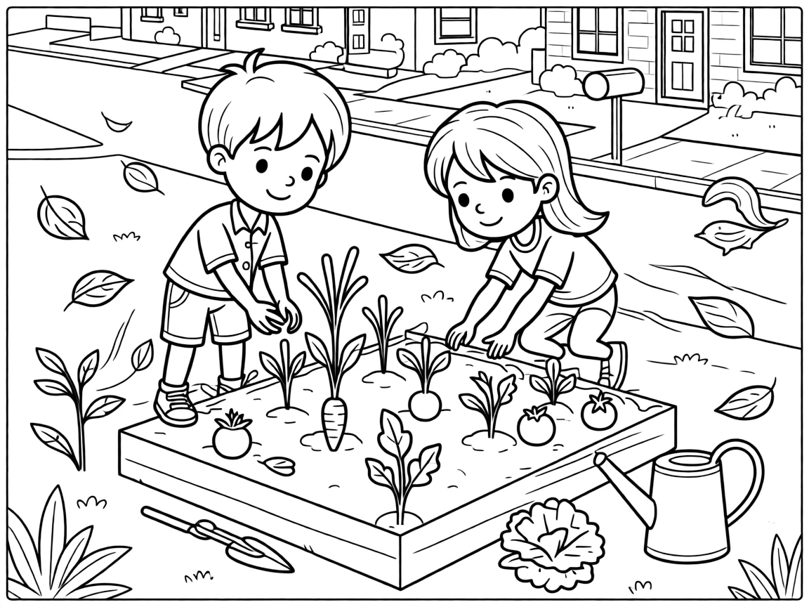 An energetic boy tending a vegetable garden with a cousin the same age on a quiet cul-de-sac as fallen leaves swirl in the breeze.